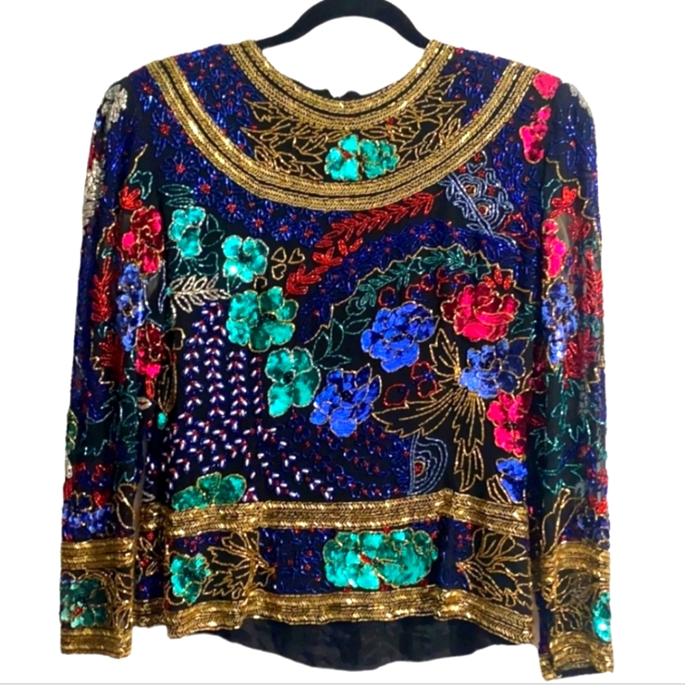 Black Tie Vintage Black & Gold Colorful Floral Sequins Beaded Long Sleeve Blouse